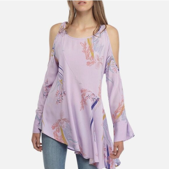 FREE PEOPLE Fall Dress Tunic Clear Skies Lilac Shift Cold Shoulder Floral Large - Picture 10 of 14